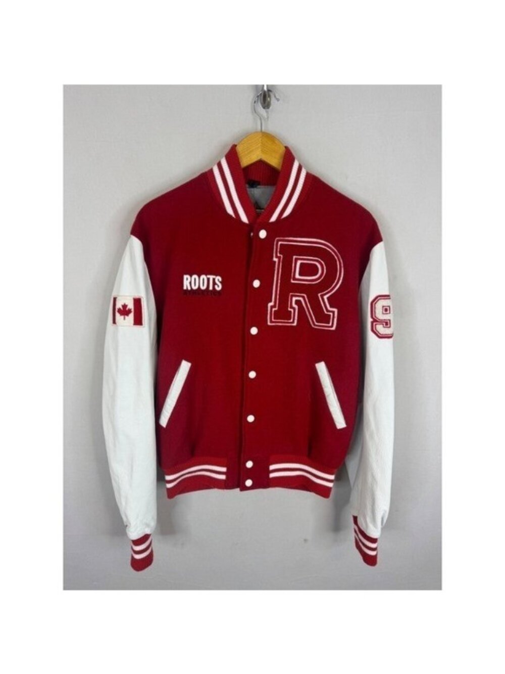 Roots Athletics Canada Varsity Jacket Red Wool White Leather Sleeves Mens L